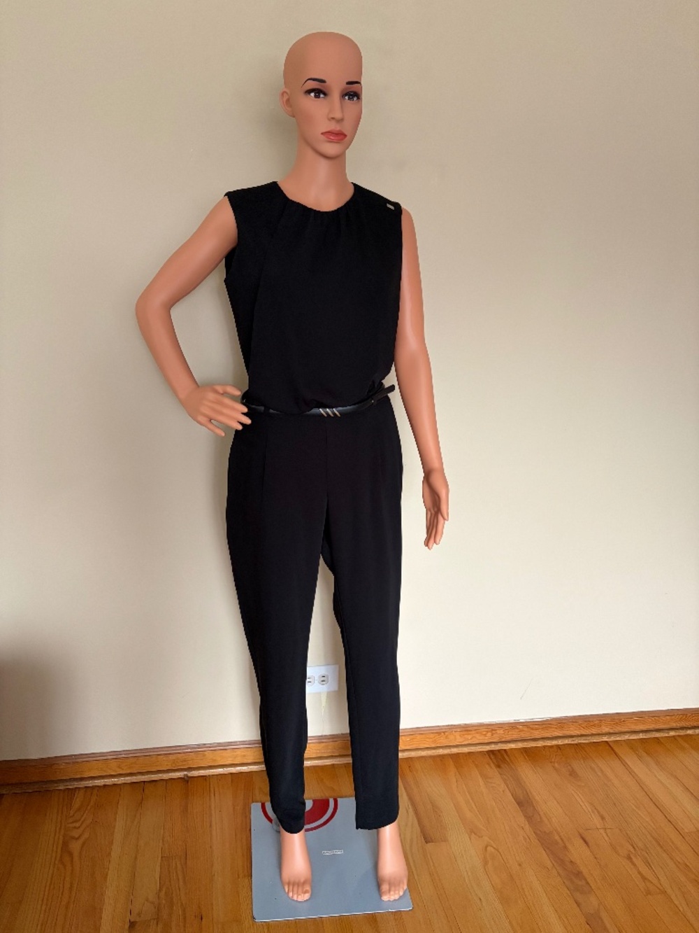 Vangeliza Black Sleeveless Jumpsuit with Draped Neckline & Belt